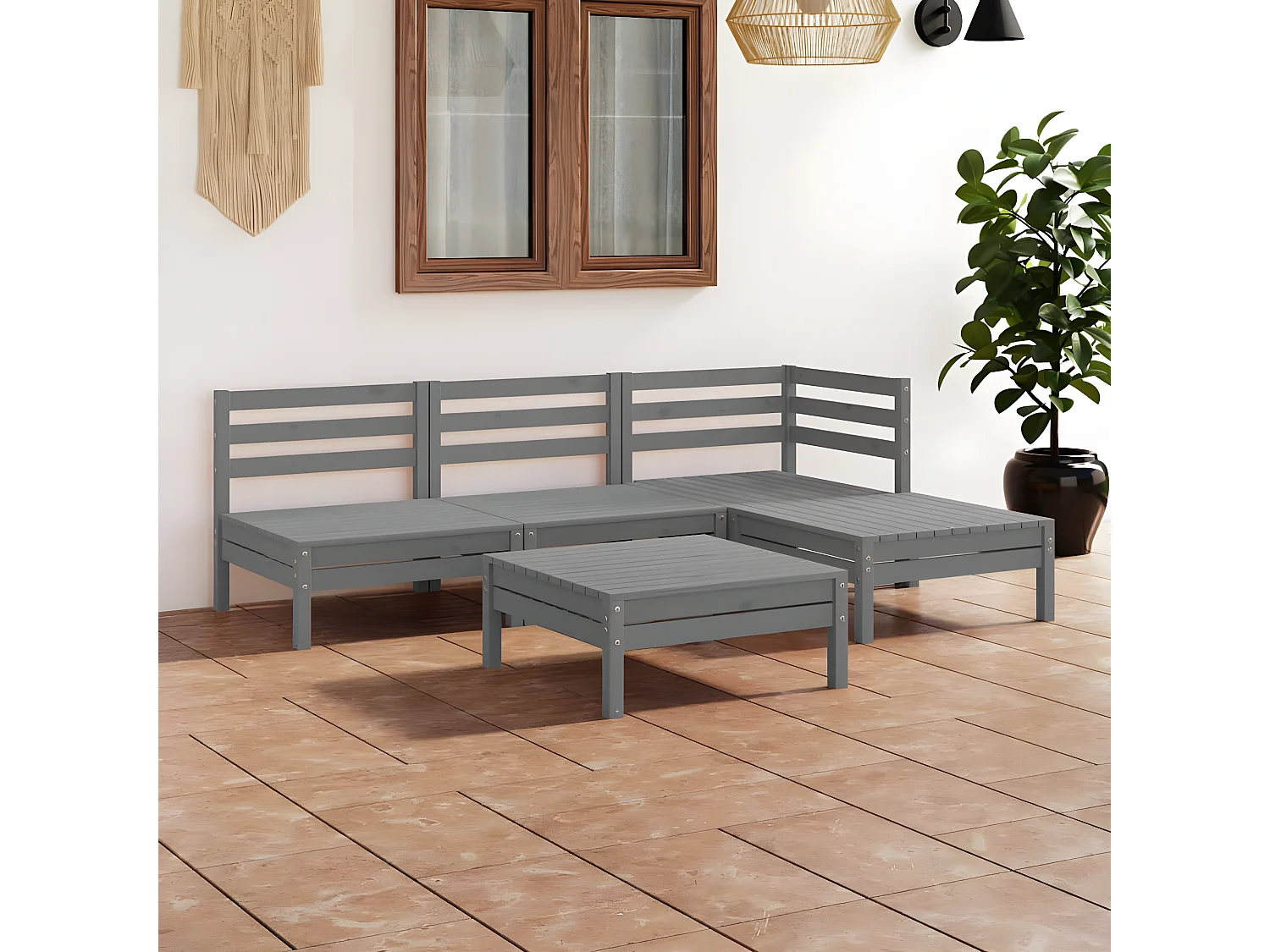 5 pzas Salón de jardín madera maciza de pino gris ES60967