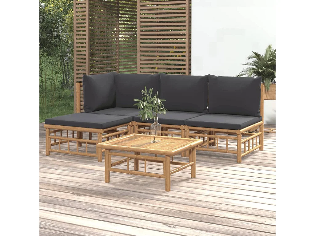 5-tlg. Garten-Sitzgruppe: Sofa + Tisch | Garten-Lounge-Set mit Dunkelgrauen Kissen Bambus -GKD960268