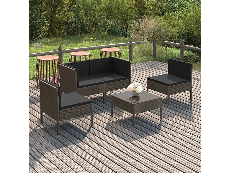 5-tlg. Garten-Sitzgruppe: Sofa + Tisch | Garten-Lounge-Set mit Auflagen Poly Rattan Grau -GKD990666