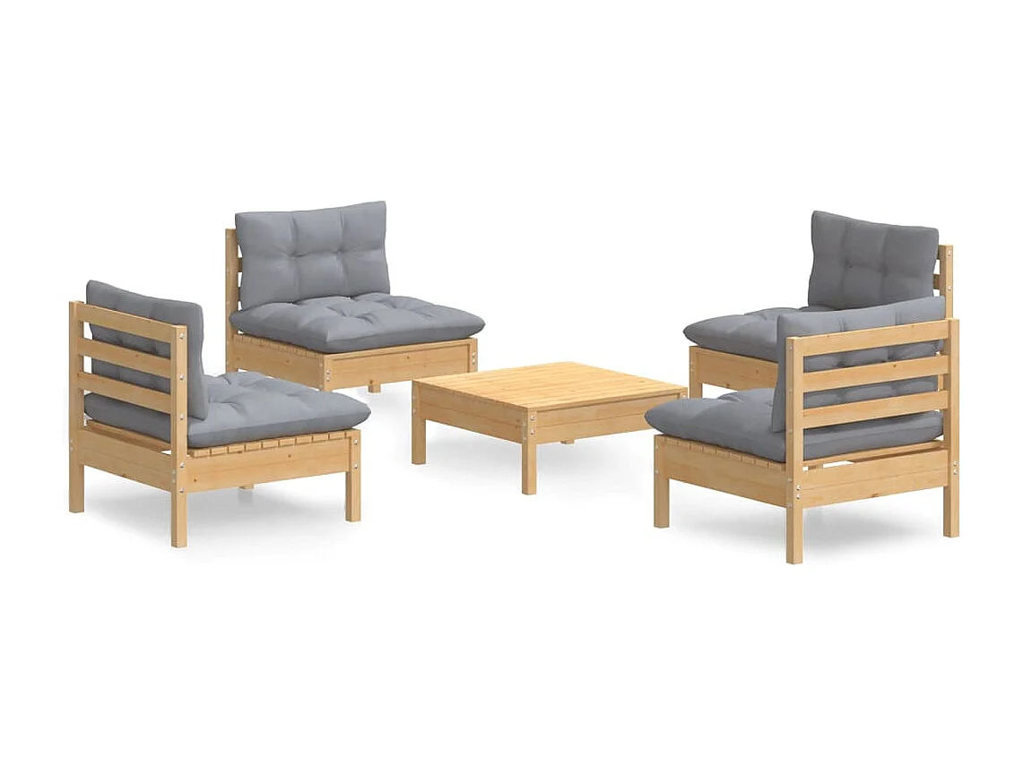 5-tlg. Garten-Sitzgruppe: Sofa + Tisch | Garten-Lounge-Set mit Grauen Kissen Kiefernholz -GKD213954