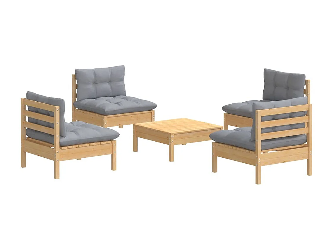 5-tlg. Garten-Sitzgruppe: Sofa + Tisch | Garten-Lounge-Set mit Grauen Kissen Kiefernholz -GKD213954