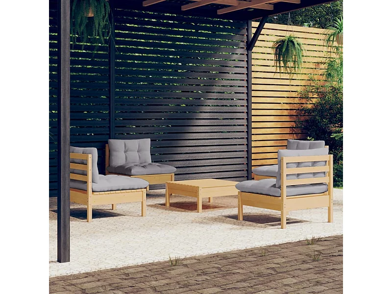 5-tlg. Garten-Sitzgruppe: Sofa + Tisch | Garten-Lounge-Set mit Grauen Kissen Kiefernholz -GKD213954