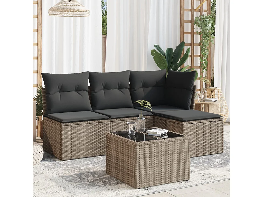 Salon de jardin 5 pcs avec coussins gris résine tressée BE85415