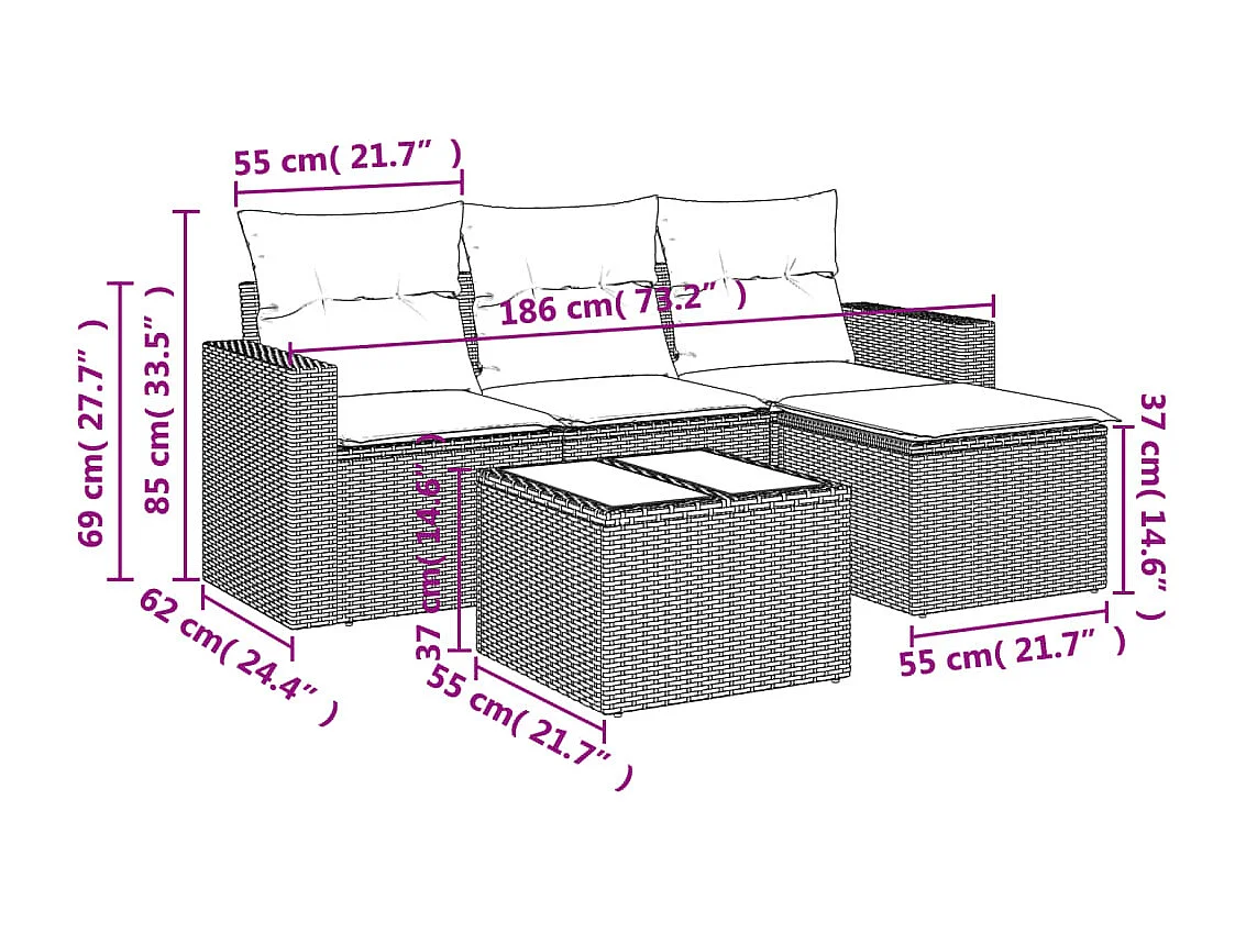 5 pzas Salón de jardín con cojines ratán sintético beige ES15241