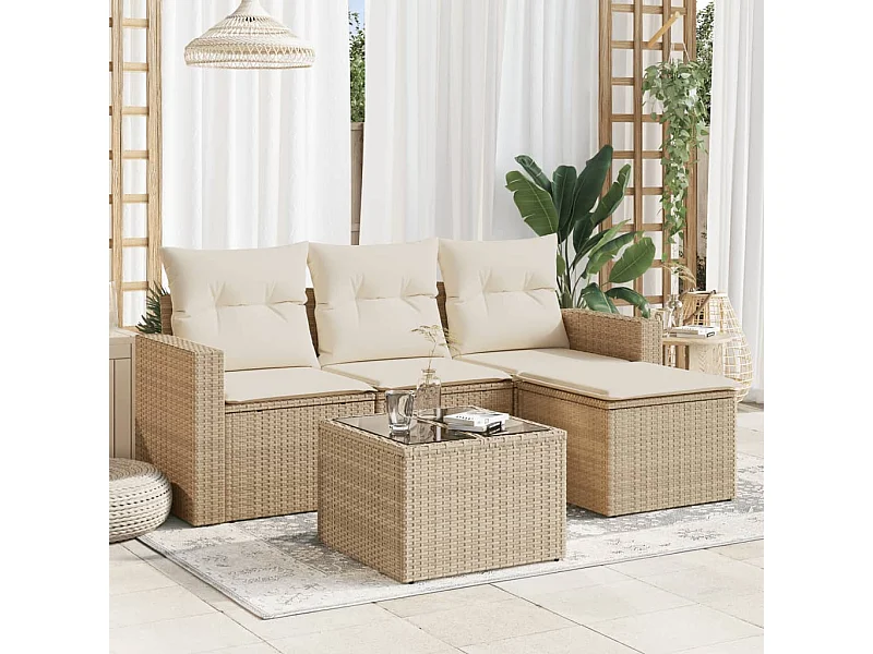 5-tlg. Garten-Sofagarnitur,Gartenmöbel-Set mit Kissen Beige Poly Rattan -gkd476156