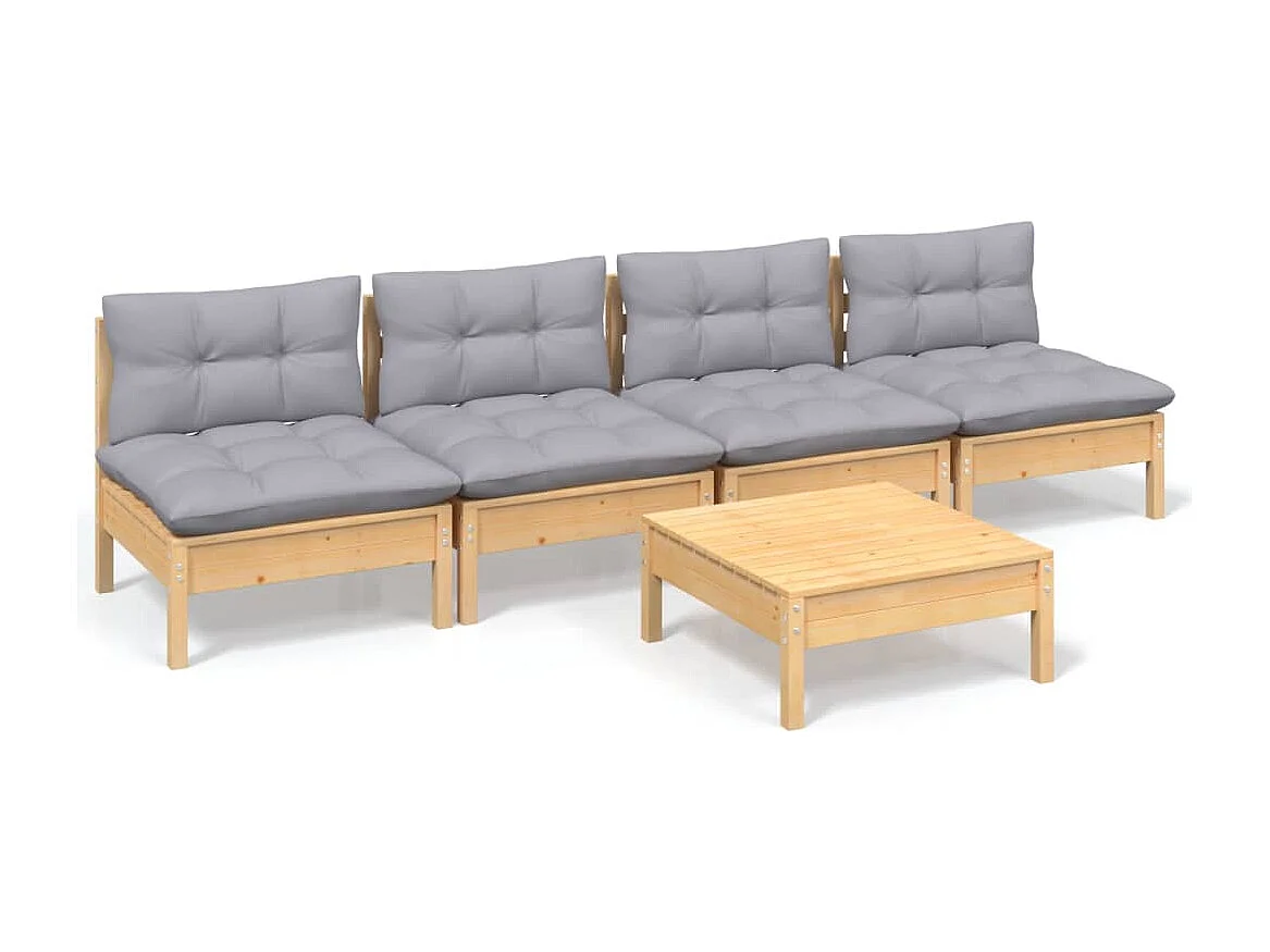 5-tlg. Garten-Sitzgruppe: Sofa + Tisch | Garten-Lounge-Set mit Grauen Kissen Kiefernholz -GKD627502