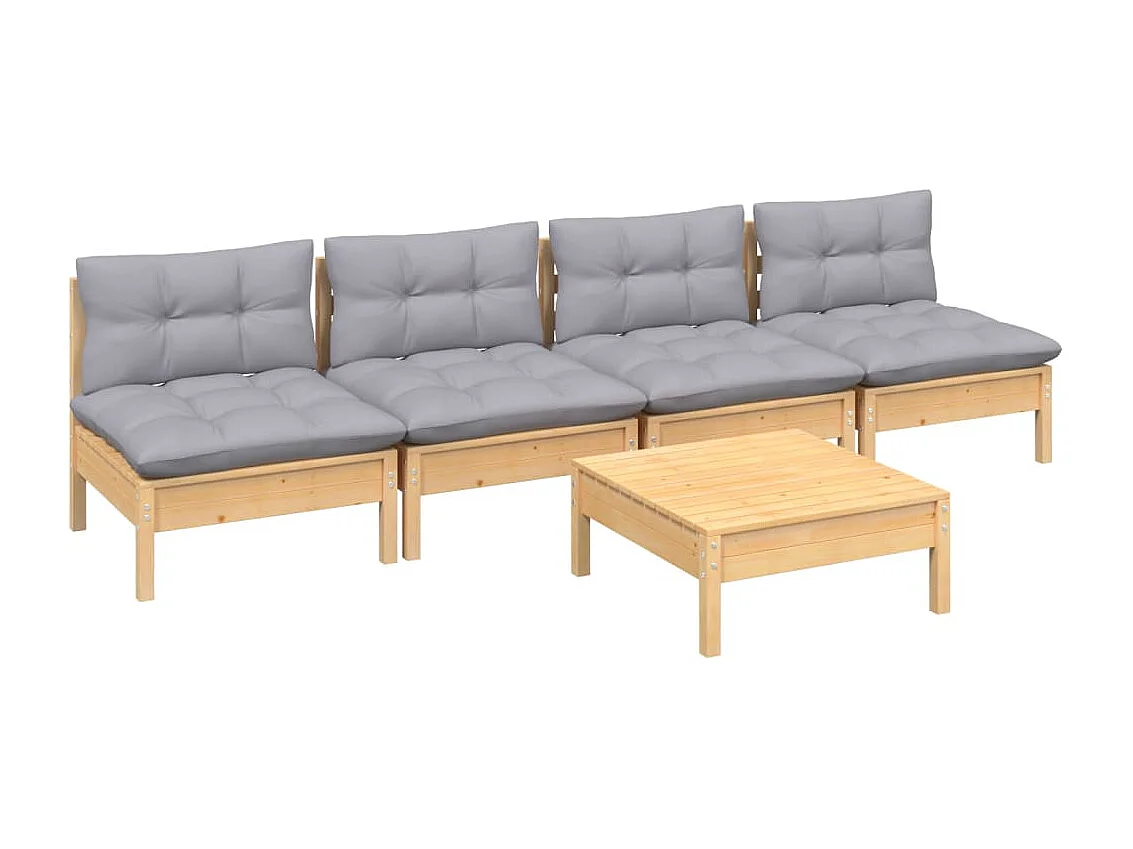 5-tlg. Garten-Sitzgruppe: Sofa + Tisch | Garten-Lounge-Set mit Grauen Kissen Kiefernholz -GKD627502
