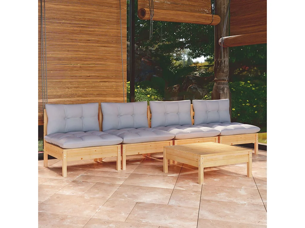 5-tlg. Garten-Sitzgruppe: Sofa + Tisch | Garten-Lounge-Set mit Grauen Kissen Kiefernholz -GKD627502