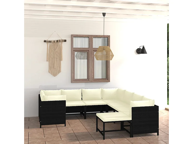 9-tlg. Garten-Sitzgruppe: Sofa + Tisch | Garten-Lounge-Set mit Kissen Poly Rattan Schwarz -GKD208471