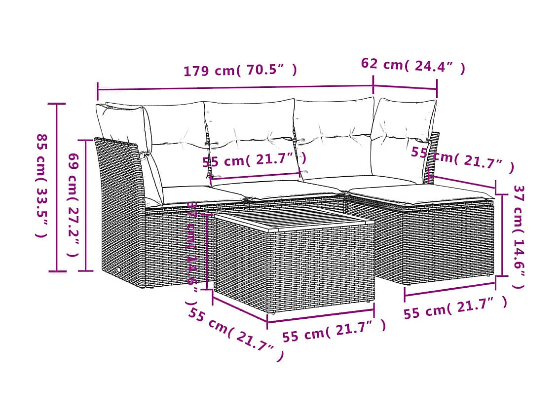 Salon de jardin 5 pcs avec coussins gris résine tressée BE74583