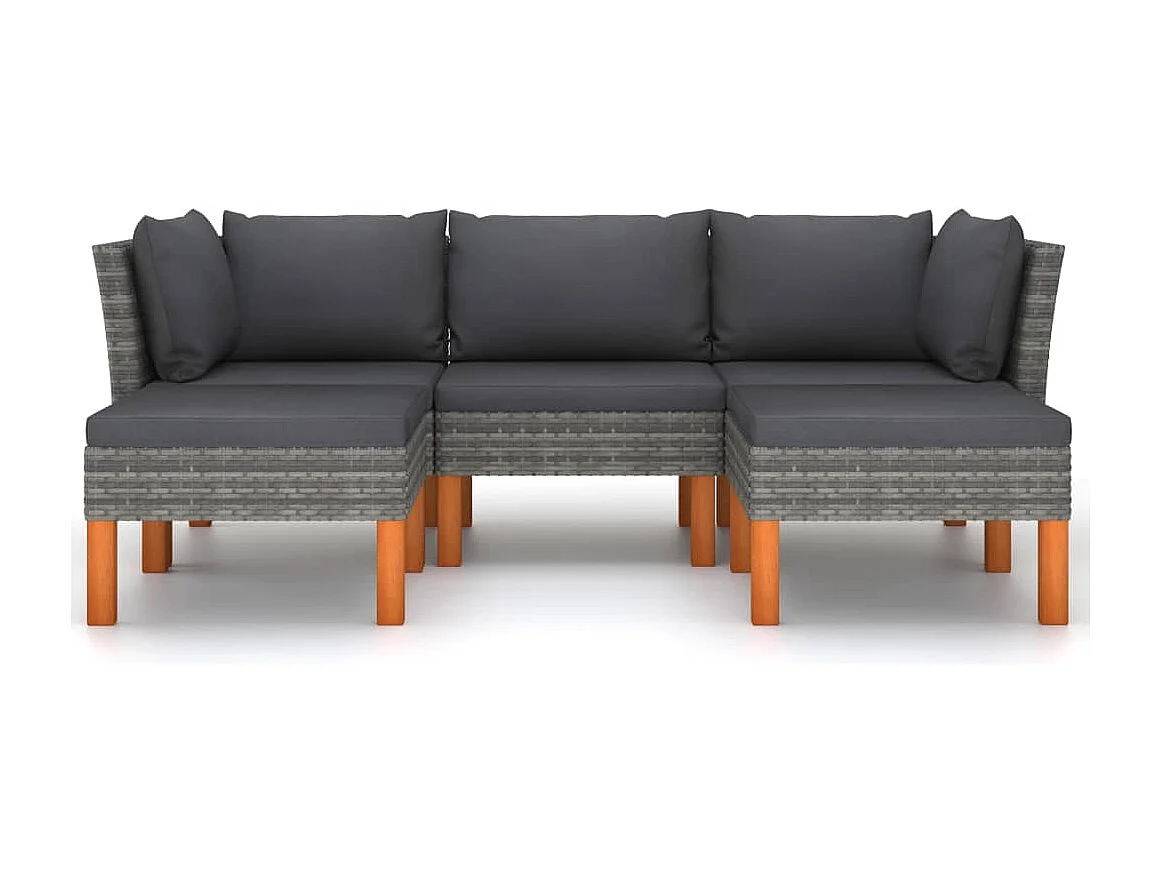 5 pcs conjunto lounge de jardim c/ almofadões vime PE cinzento PT69561