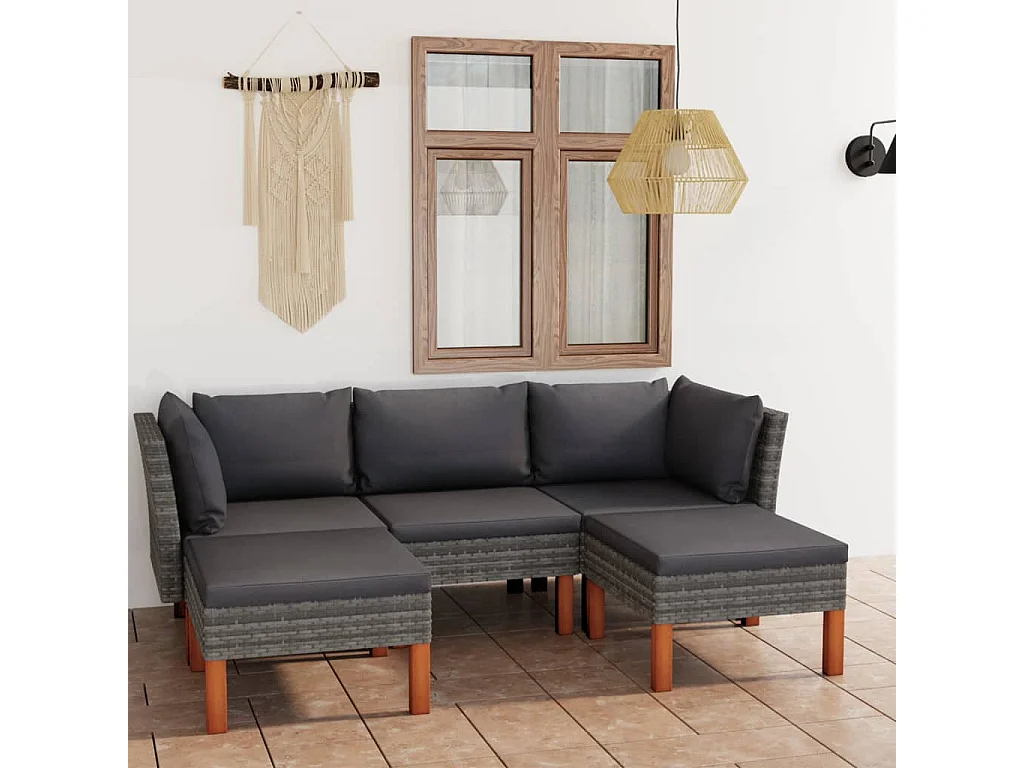 5 pcs conjunto lounge de jardim c/ almofadões vime PE cinzento PT69561