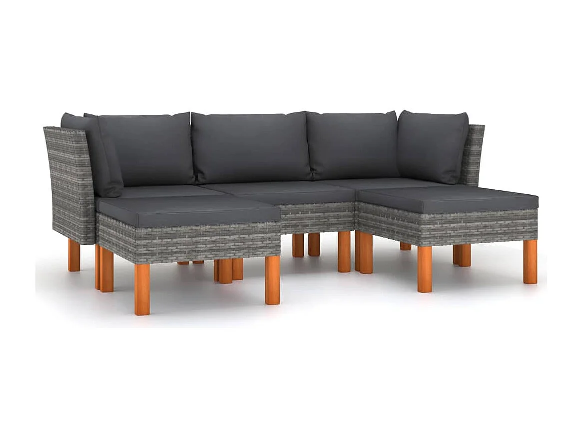 5 pcs conjunto lounge de jardim c/ almofadões vime PE cinzento PT69561