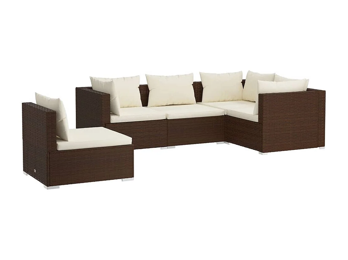 5 pcs conjunto lounge jardim c/ almofadões vime PE castanho PT14487