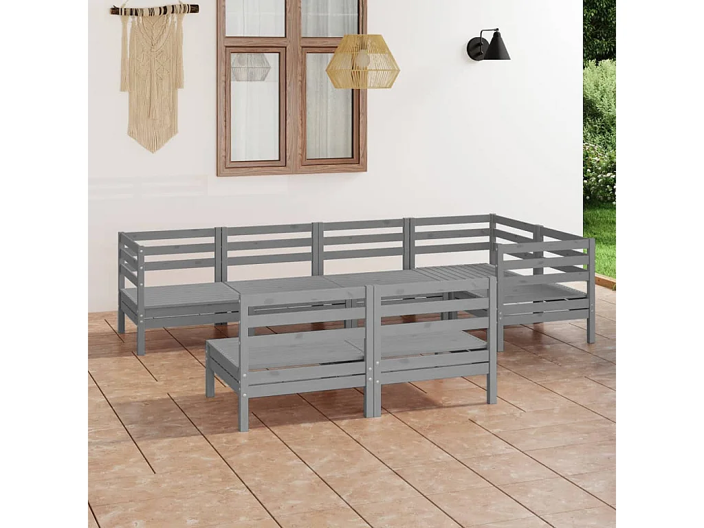 7-tlg. Garten-Sitzgruppe | Garten-Lounge-Set Massivholz Kiefer Grau -GKD811868