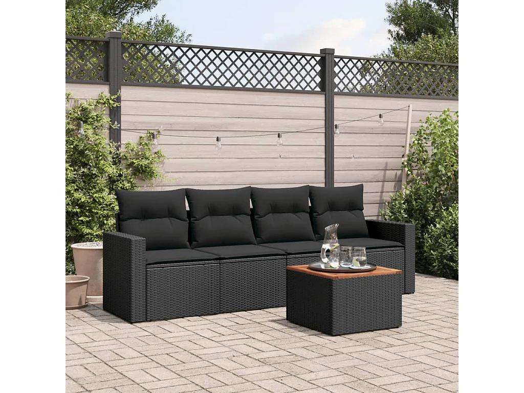 Salon de jardin 5 pcs avec coussins noir résine tressée BE48726