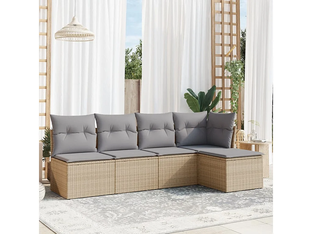 5 pcs conjunto de sofás p/ jardim com almofadões vime PE bege PT687312