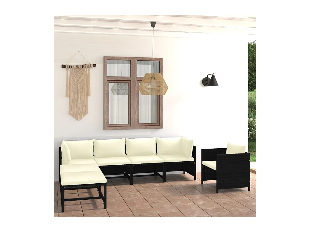 7-tlg. Garten-Sitzgruppe: Sofa + Tisch | Garten-Lounge-Set mit Kissen Poly Rattan Schwarz -GKD450772