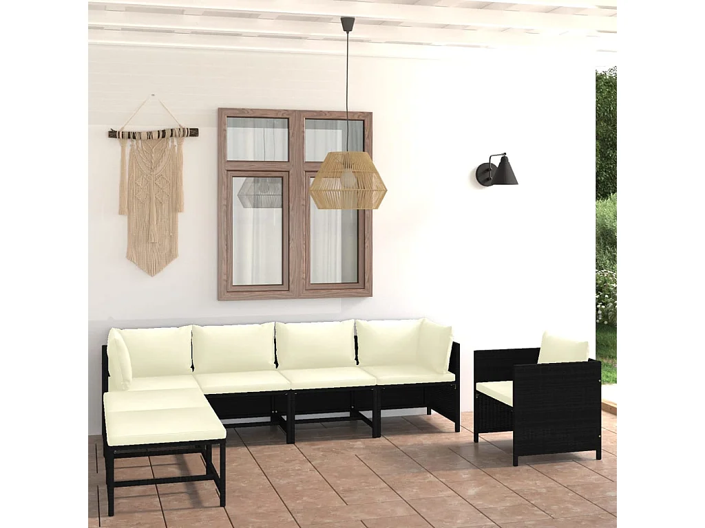 7-tlg. Garten-Sitzgruppe: Sofa + Tisch | Garten-Lounge-Set mit Kissen Poly Rattan Schwarz -GKD450772