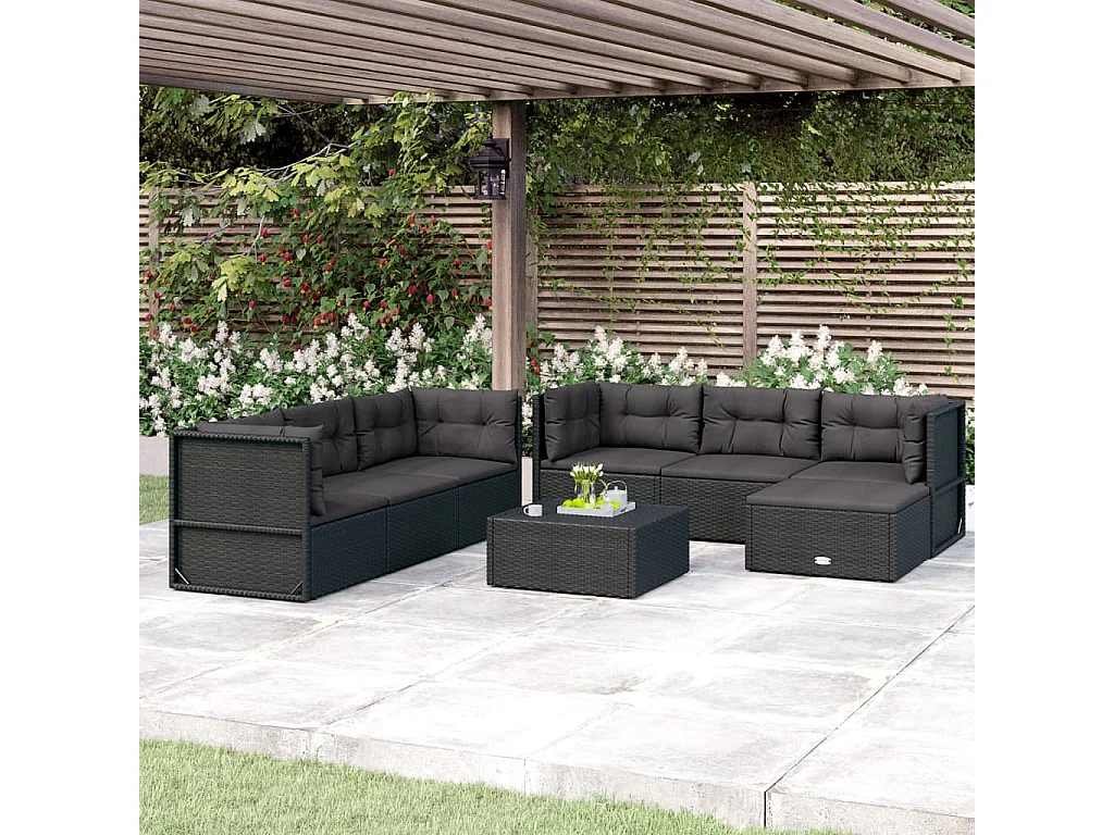 Salon de jardin 7 pcs avec coussins Noir Résine tressée BE34324