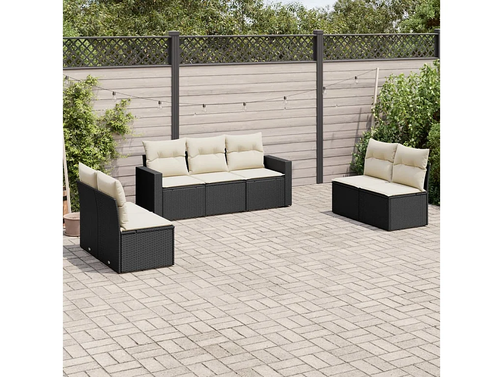 7-tlg. Garten-Sofagarnitur,Gartenmöbel-Set mit Kissen Schwarz Poly Rattan -gkd568863