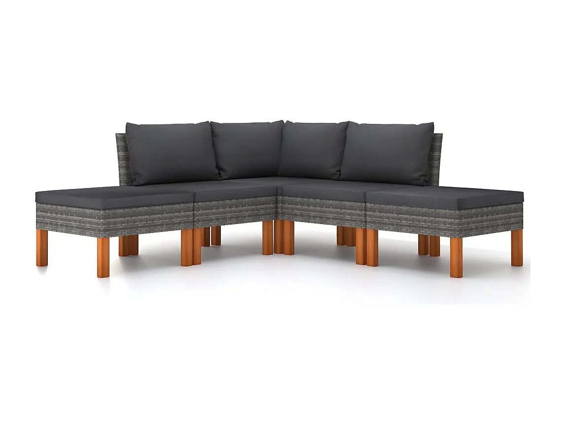 5 pcs conjunto lounge de jardim c/ almofadões vime PE cinzento PT73401