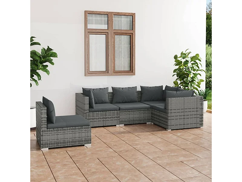 5 pcs conjunto lounge de jardim c/ almofadões vime PE cinzento PT60383