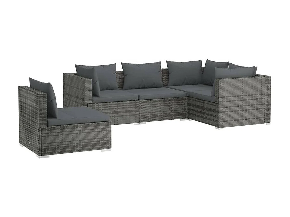 5 pcs conjunto lounge de jardim c/ almofadões vime PE cinzento PT60383