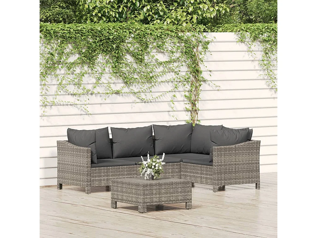 5-tlg. Garten-Sitzgruppe: Sofa + Tisch | Garten-Lounge-Set mit Kissen Grau Poly Rattan -GKD346953