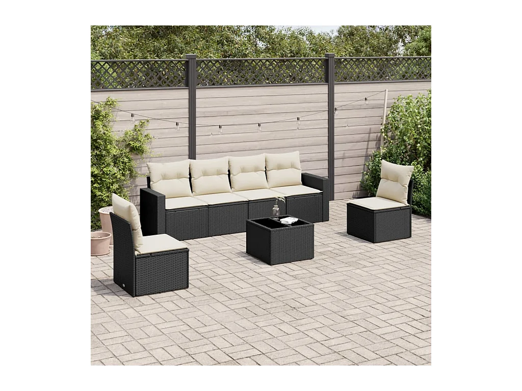 7-tlg. Garten-Sofagarnitur,Gartenmöbel-Set mit Kissen Schwarz Poly Rattan -gkd886728