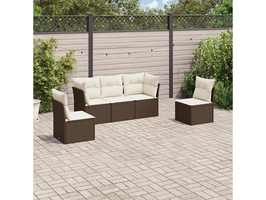 5 pcs conjunto sofás p/ jardim c/ almofadões vime PE castanho PT769139