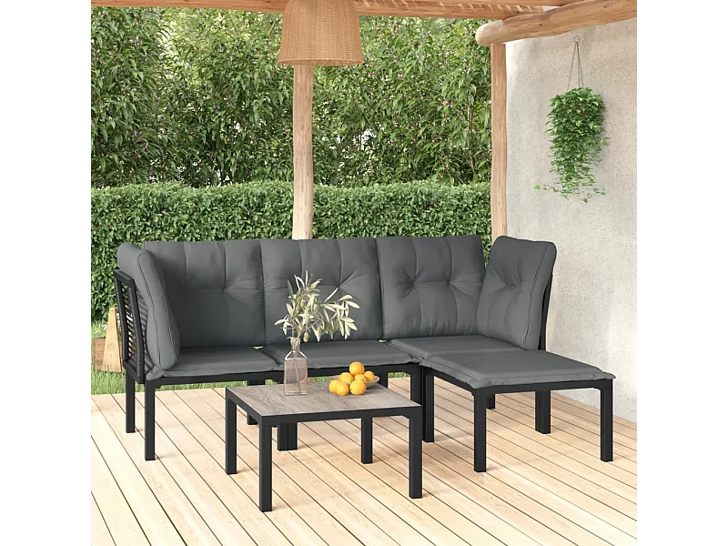5-tlg. Garten-Sitzgruppe: Sofa + Tisch | Garten-Lounge-Set Schwarz und Grau Poly Rattan -GKD450145