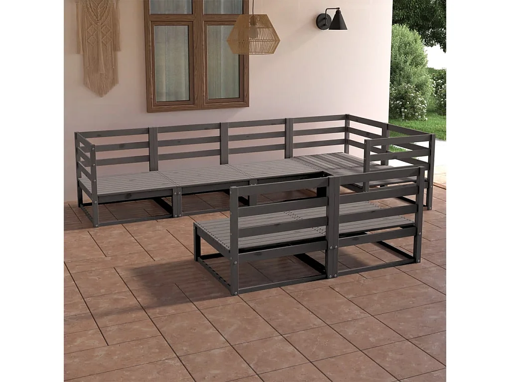 7 pzas Salón de jardín gris madera de pino maciza ES74517