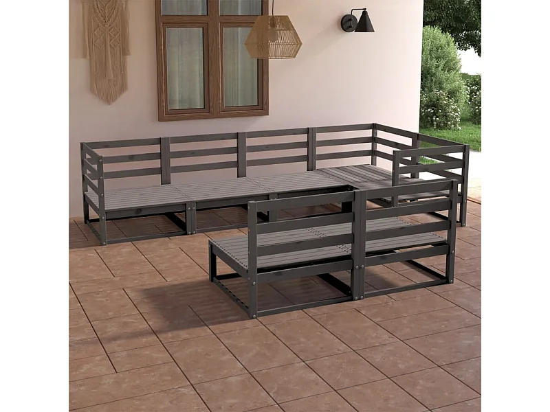 7 pzas Salón de jardín gris madera de pino maciza ES74517