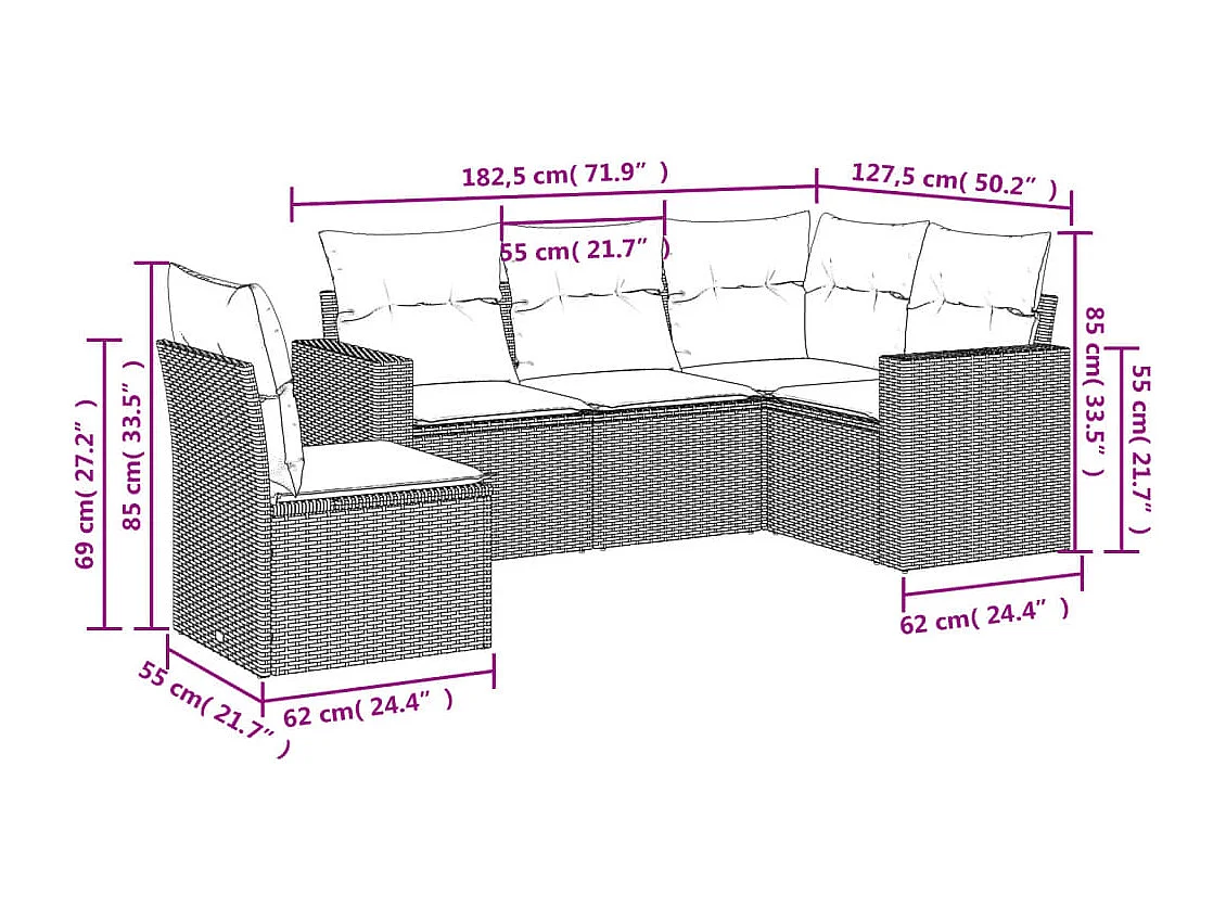 5 pcs conjunto de sofás p/ jardim com almofadões vime PE bege PT164691