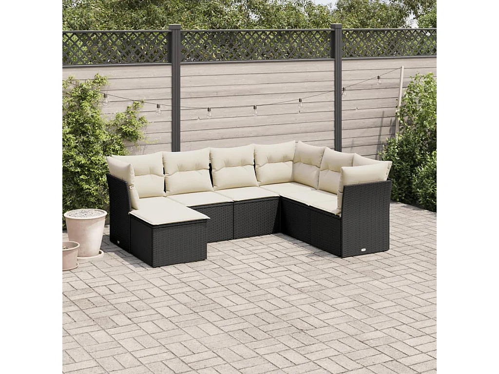 7-tlg. Garten-Sofagarnitur,Gartenmöbel-Set mit Kissen Schwarz Poly Rattan -gkd322883