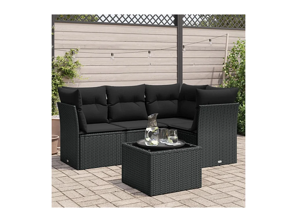 5 pcs conjunto sofás de jardim com almofadões vime PE preto PT501579