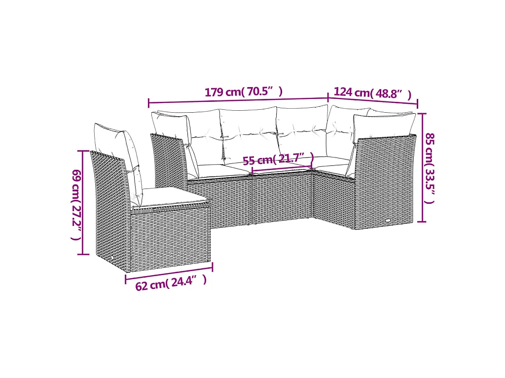 5 pcs conjunto sofás p/ jardim c/ almofadões vime PE castanho PT929138