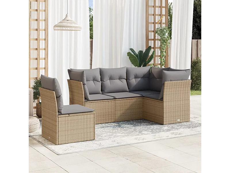 5-tlg. Garten-Sofagarnitur,Gartenmöbel-Set mit Kissen Beige Poly Rattan -gkd116842