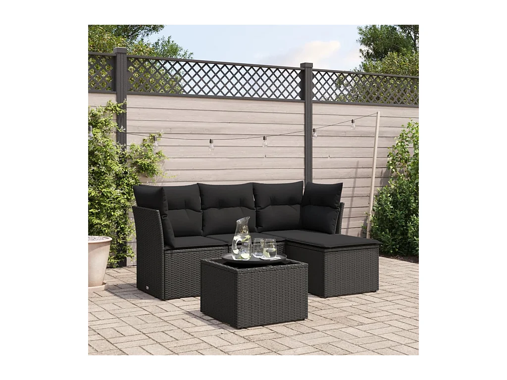 5 pcs conjunto sofás de jardim com almofadões vime PE preto PT442244