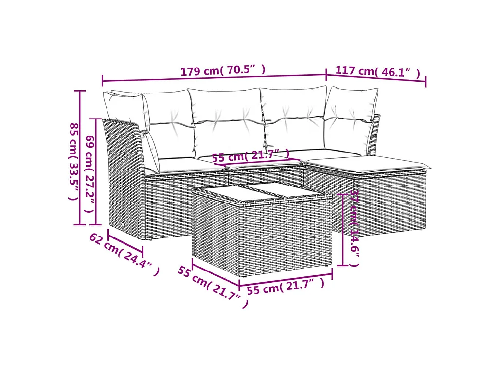5-delige Loungeset met kussens poly rattan zwart NL57109