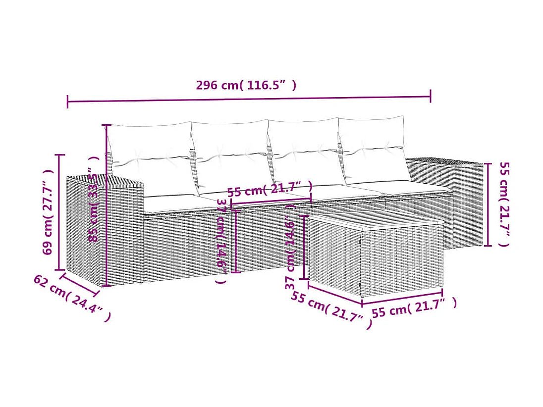 5 pcs conjunto de sofás p/ jardim com almofadões vime PE bege PT434613