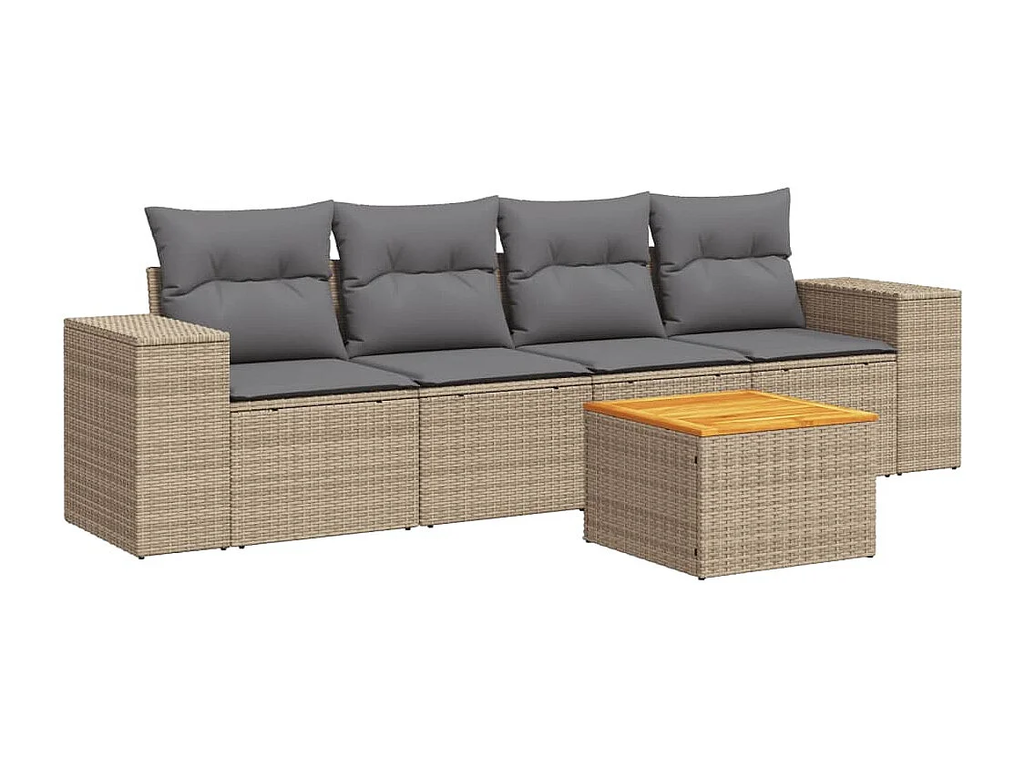 5 pcs conjunto de sofás p/ jardim com almofadões vime PE bege PT434613