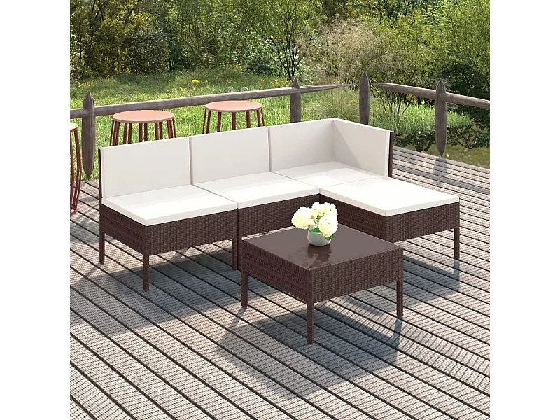 5-tlg. Garten-Sitzgruppe: Sofa + Tisch | Garten-Lounge-Set mit Auflagen Poly Rattan Braun -GKD145315