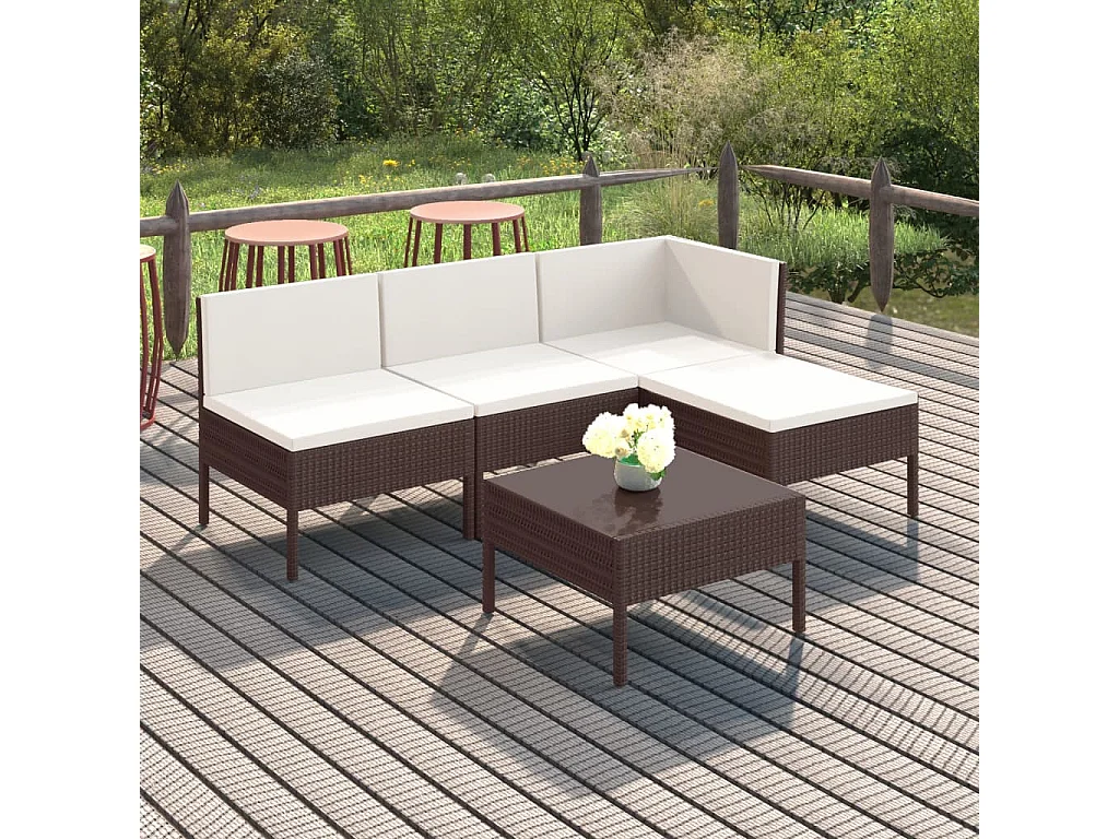 5-tlg. Garten-Sitzgruppe: Sofa + Tisch | Garten-Lounge-Set mit Auflagen Poly Rattan Braun -GKD145315