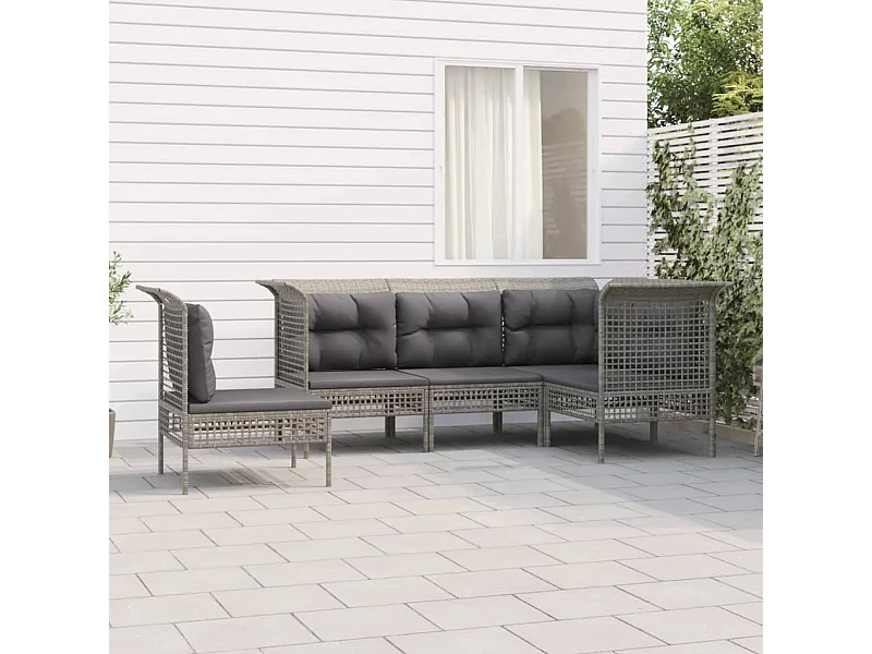 5-tlg. Garten-Sitzgruppe: Sofa + Tisch | Garten-Lounge-Set mit Kissen Grau Poly Rattan -GKD599422