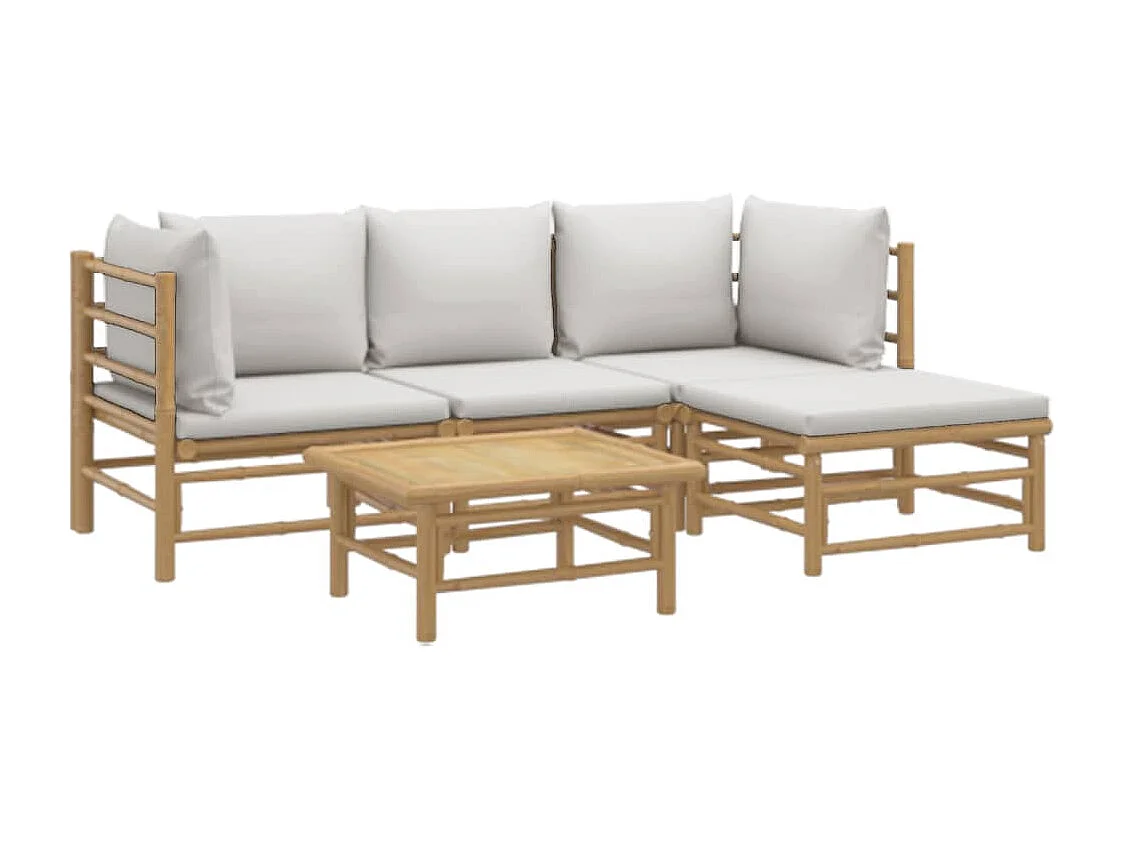 5-tlg. Garten-Sitzgruppe: Sofa + Tisch | Garten-Lounge-Set mit Hellgrauen Kissen Bambus -GKD884019