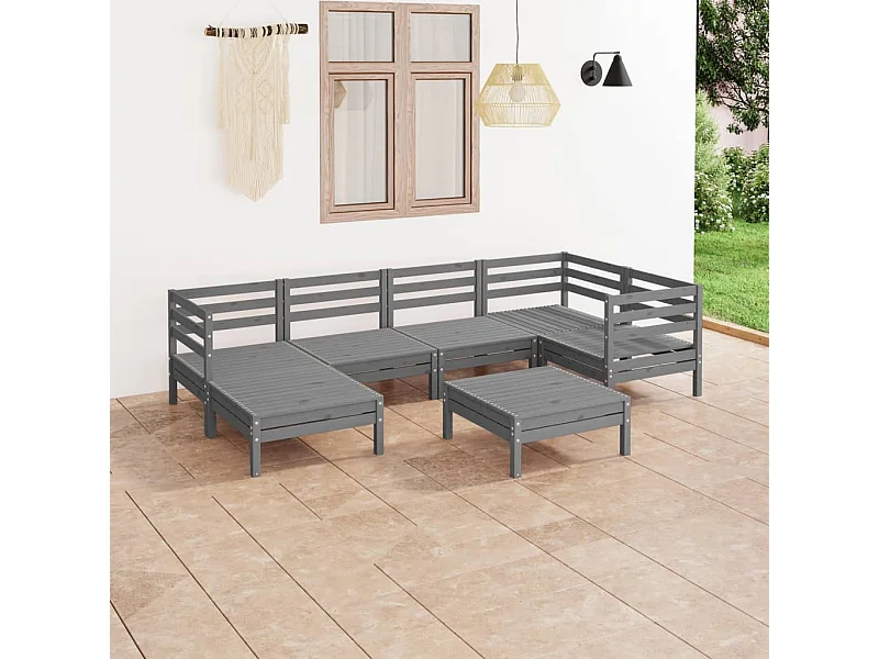 7 pcs conjunto lounge de jardim pinho maciço cinzento PT21579