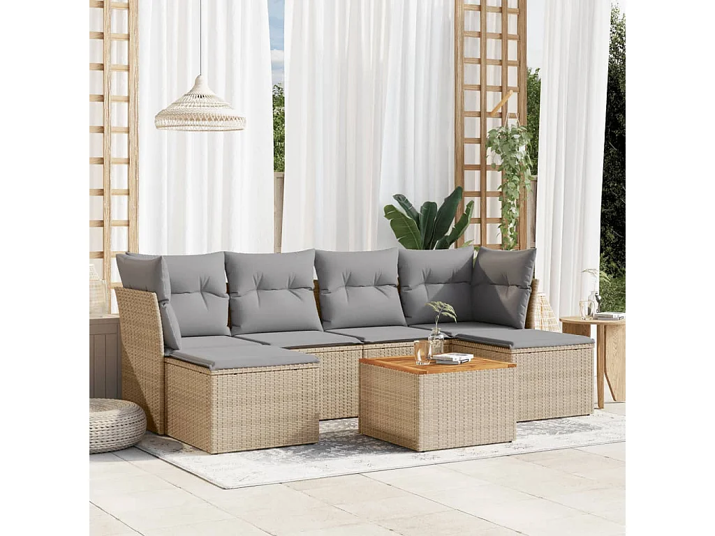 7-tlg. Garten-Sofagarnitur,Gartenmöbel-Set mit Kissen Beige Poly Rattan -gkd742160
