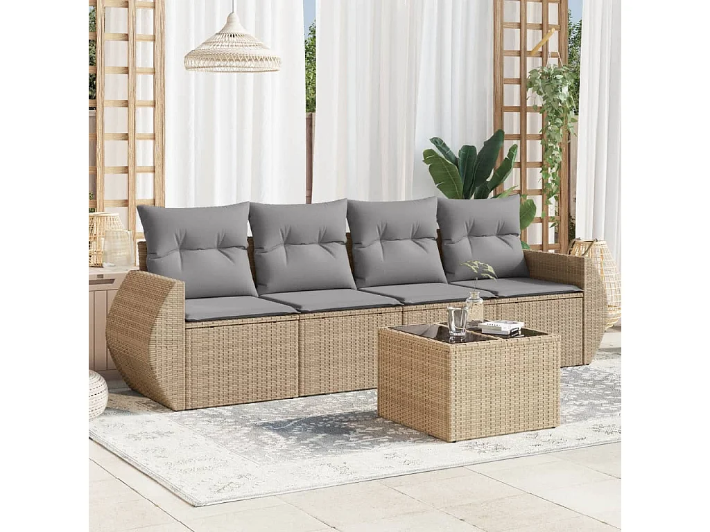 5-tlg. Garten-Sofagarnitur,Gartenmöbel-Set mit Kissen Beige Poly Rattan -gkd434660